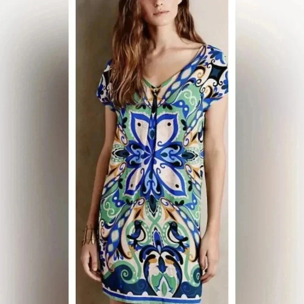 Anthropologie MAEVE Folksong Shift Dress Blue Green Bird Boho Sleeveless Size XS